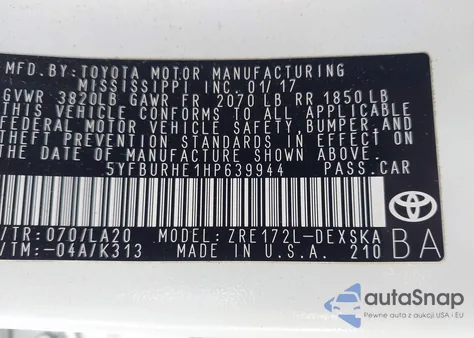 2017 Toyota Corolla Xse из США, поврежденный, VIN 5YFBURHE1HP639944